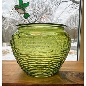 70s Vintage Natl Potteries Soreno Avocado Green Jardiniere Glass Dish Planter